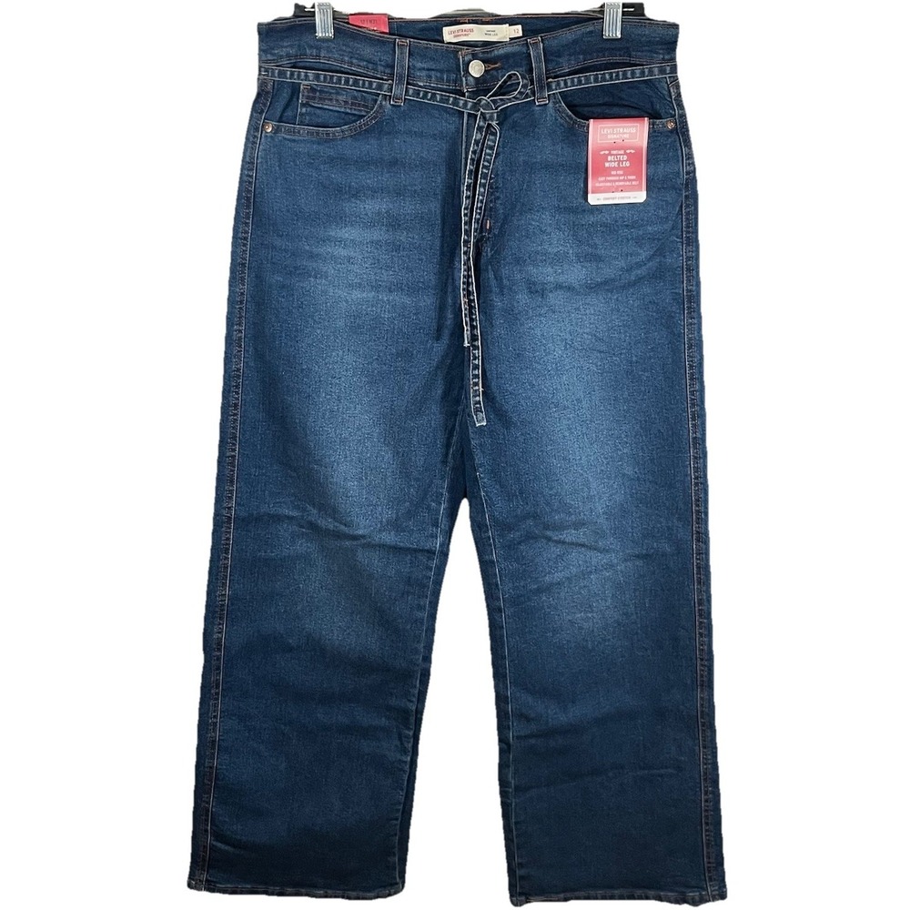 Levi Strauss Signature Jeans Womens Size 12 Blue Belted Wide Leg Mid Rise  NEW